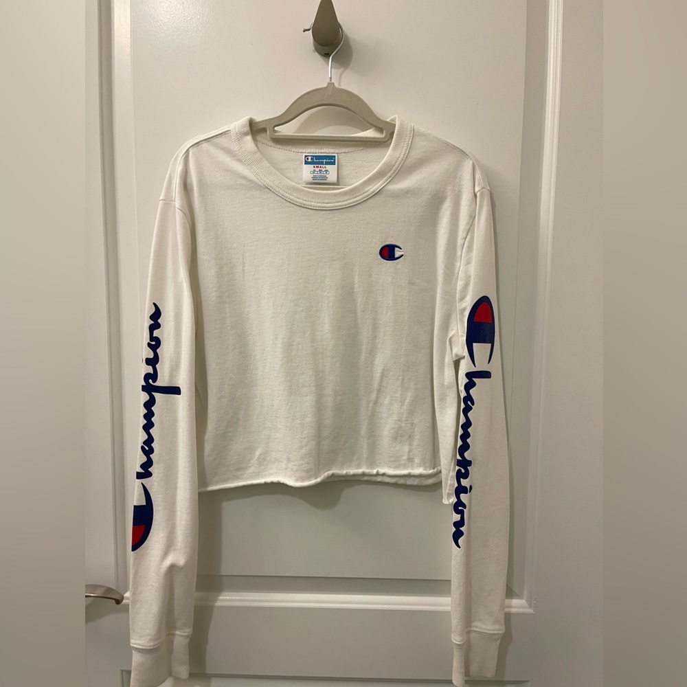 White Champion Long Sleeve Cropped Tee with Logo